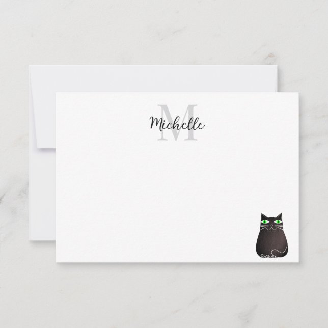 Cartão De Notas Cute Black Cat Custom Monogram (Frente)