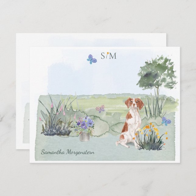 Cartão De Notas Cute Brittany Spaniel Butterfly Nome Monograma (Frente/Verso)