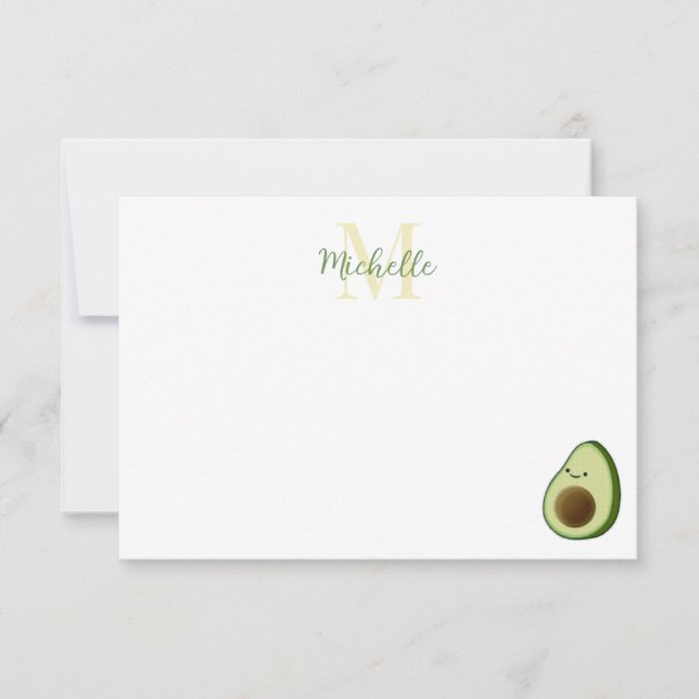 Cartão De Notas Cute Cartoon Avocado Personalized Monogram (Frente)