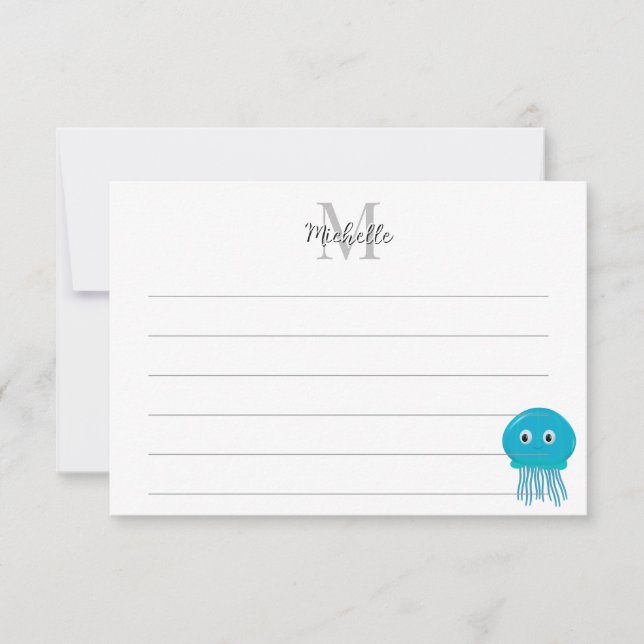 Cartão De Notas Cute Cartoon Jellyfish Custom Lined Monogram (Frente)