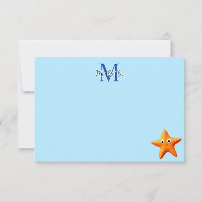 Cartão De Notas Cute Cartoon Starfish Blue Ocean Custom Monogram (Frente)