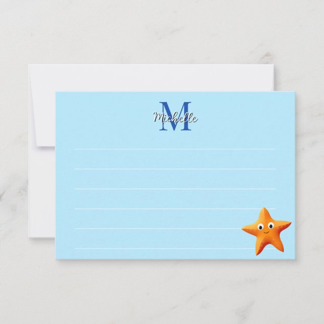 Cartão De Notas Cute Cartoon Starfish Blue Ocean Lined Monogram (Frente)