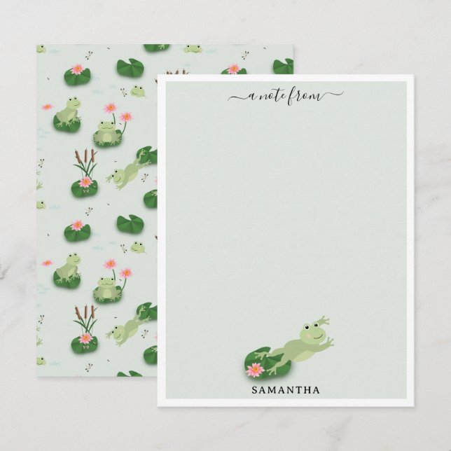 Cartão De Notas Cute Frogs in Lily Pond Custom Name (Frente/Verso)