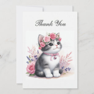 Cartão De Notas Cute Gray Kitten Meninas de Aniversário Obrigado