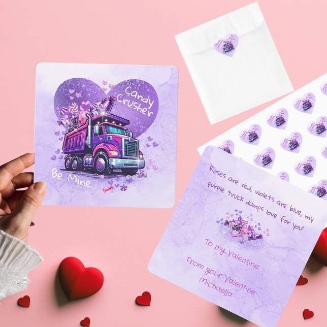 Cartão De Notas Cute Kids Valentine Purple Truck and Cheeky Poem (Criador carregado)
