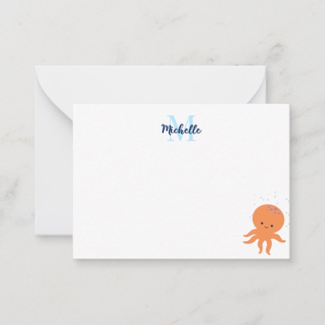 Cartão De Notas Cute Octopus Cartoon Custom Monogram (Frente)