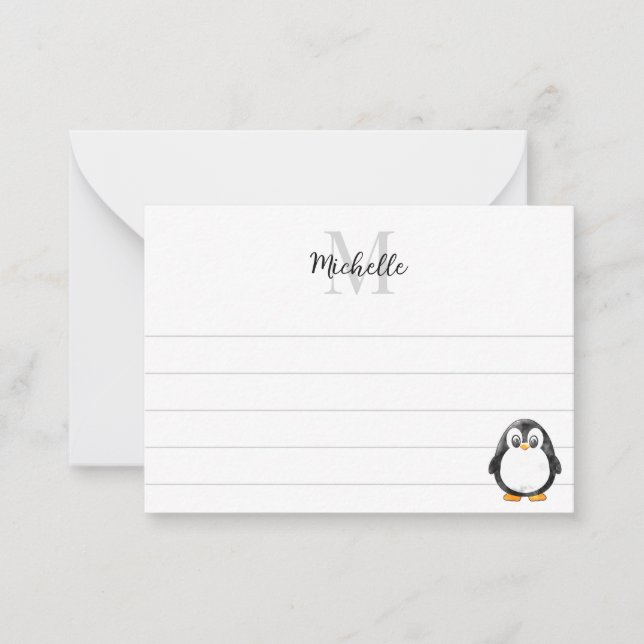Cartão De Notas Cute Penguin Cartoon Custom Lined Monogram (Frente)
