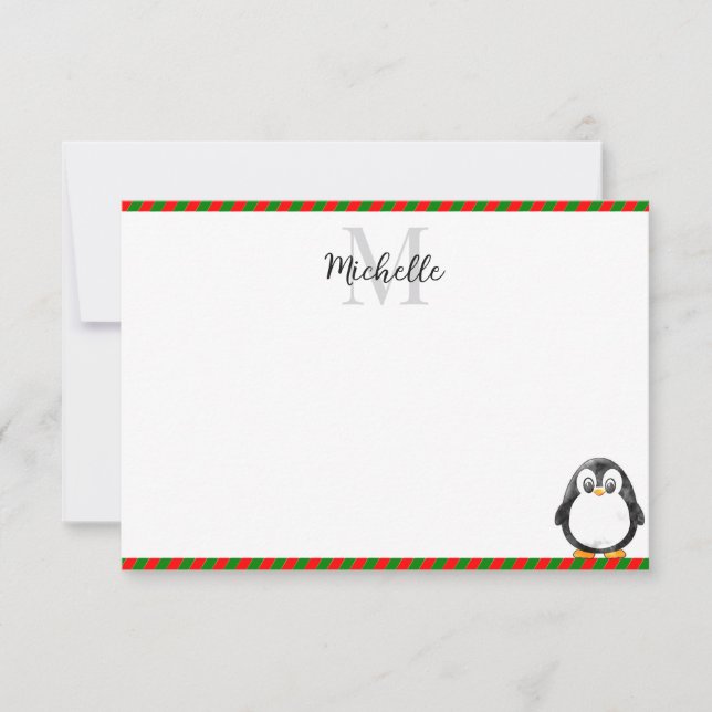 Cartão De Notas Cute Penguin Cartoon Custom Monogram (Frente)