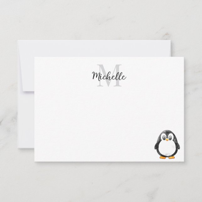 Cartão De Notas Cute Penguin Cartoon Custom Monogram (Frente)