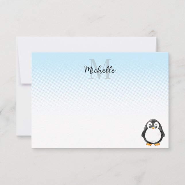 Cartão De Notas Cute Penguin Drawing Custom Monogram (Frente)