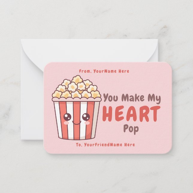 Cartão De Notas Cute Popcorn Valentine Classroom Note Card (Frente)