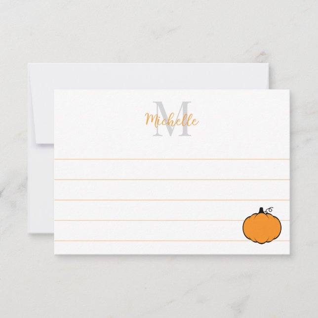 Cartão De Notas Cute Pumpkin Drawing Custom Monogram Lined (Frente)