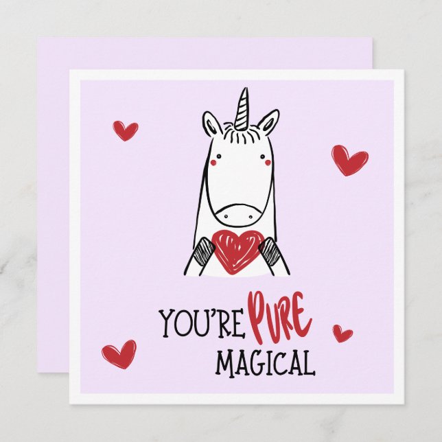 Cartão De Notas Cute Purple Red Hearts Unicorn Kids Valentines Day (Frente/Verso)