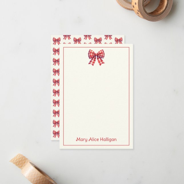 Cartão De Notas Cute Red and Cream Gingham Bow (Frente/Verso In Situ)