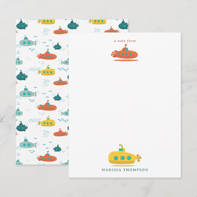 Cartão De Notas Cute Submarine Nautical Deep Sea Fish Kids (Frente/Verso)