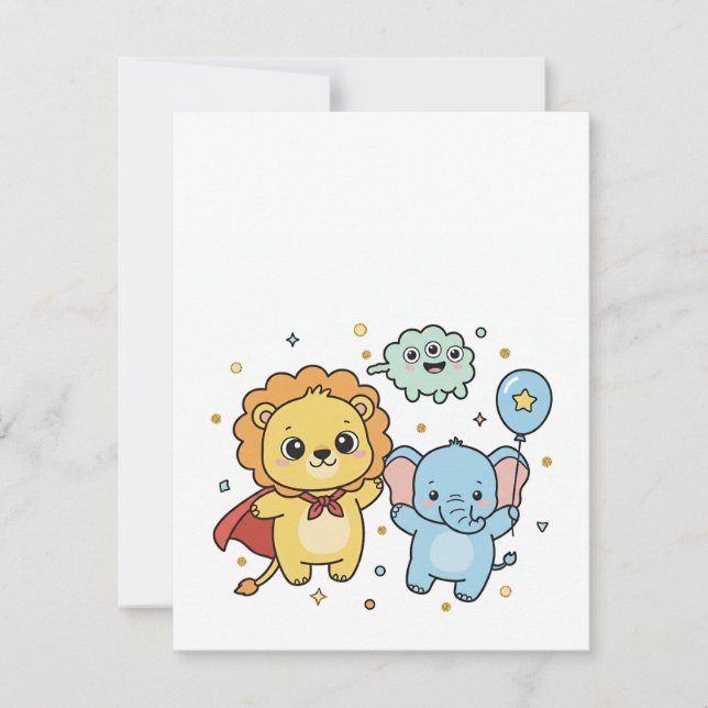 Cartão De Notas Cute Superhero Lion and Elephant Friends Cartoon (Frente)