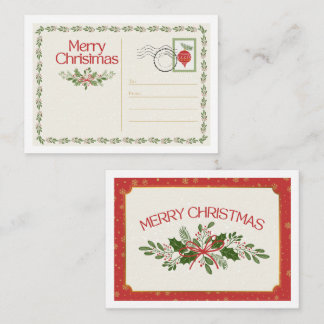 Cartão De Notas Cute Vintage Red & Green Merry Christmas Postcard