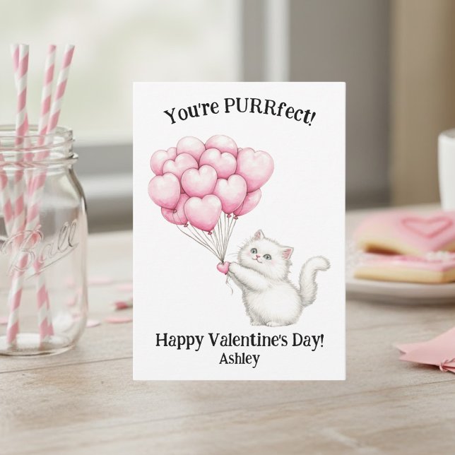 Cartão De Notas Cute White Kitten You're PURRfect Kids Valentines (Criador carregado)