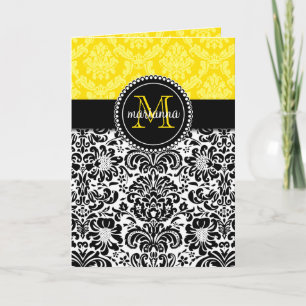 Cartão De Notas Damasco Amarelo Negro Elegante Personalizado