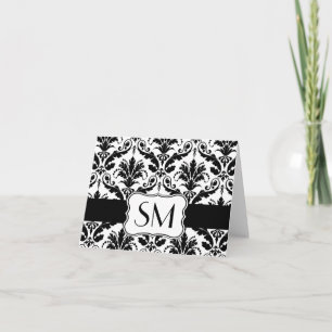Cartão De Notas Damask black white Monogrammed Thank you Card