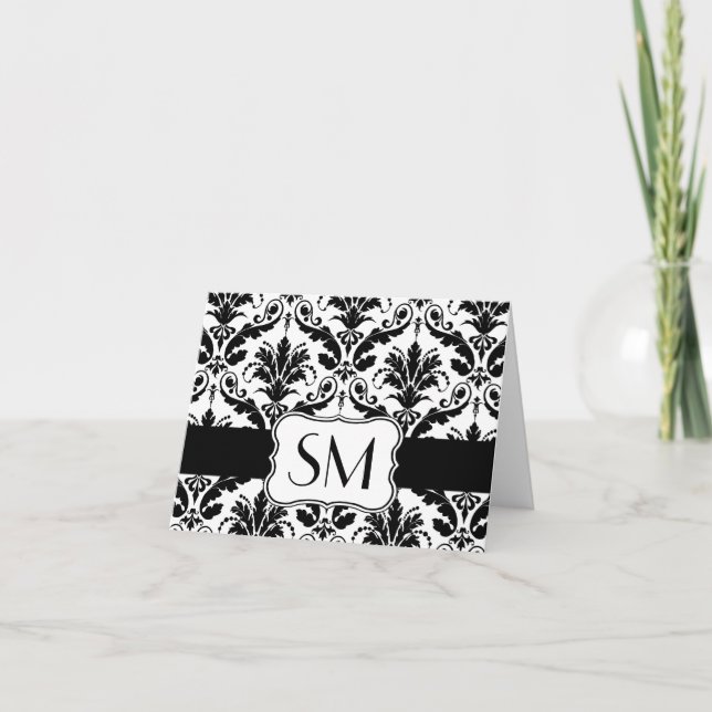 Cartão De Notas Damask black white Monogrammed  Thank you Card (Frente)