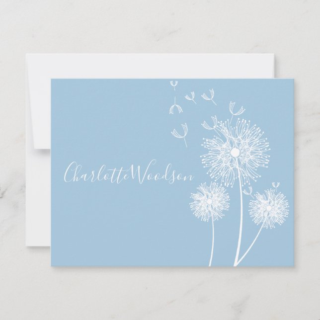 Cartão De Notas Dandelion Flowers Dusty Blue Script Name Card (Frente)