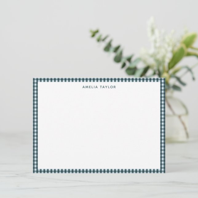 Cartão De Notas Dark Teal Gingham Border Personalized Stationery (Em pé/Frente)