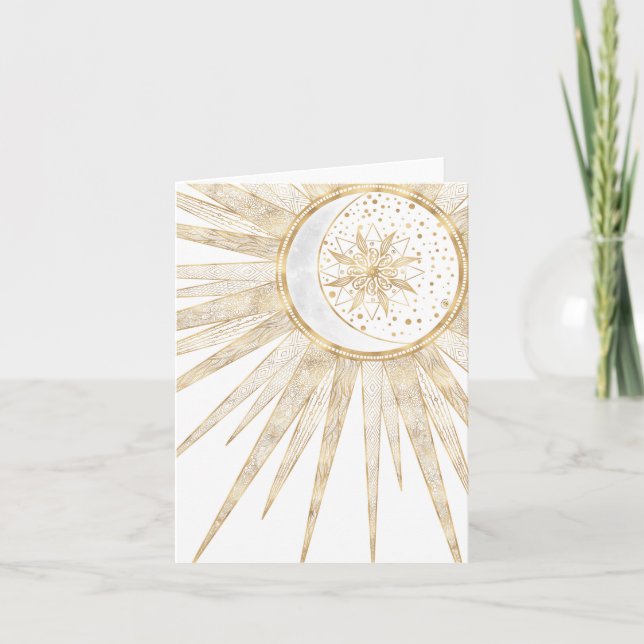 Cartão De Notas Desenho de Mandala do Sol e da Lua com Doodles em  (Frente)