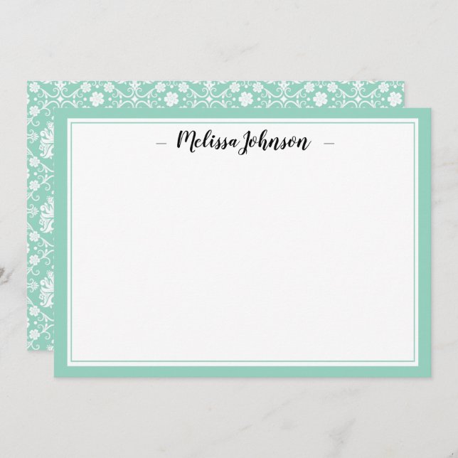 Cartão De Notas Design Francês Green Damask Personalizado (Frente/Verso)