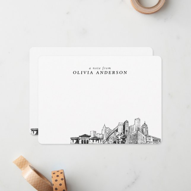 Cartão De Notas Detroit Skyline Sketch - Placas de Nota Personaliz (Frente/Verso In Situ)