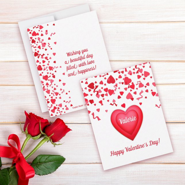 Cartão De Notas Dia dos Namorados Diversão Corações de Confete Ver (Happy Valentine's Day Personalized Flat Note Card with fun red confetti hearts design
)