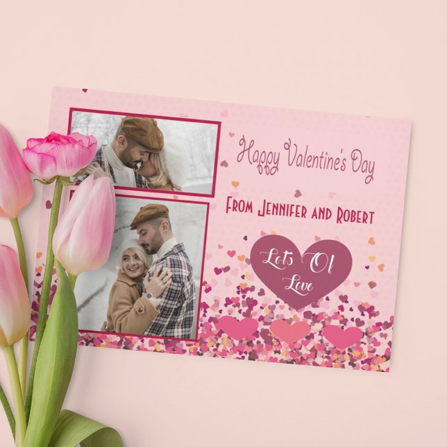 Cartão De Notas Dia dos Namorados Foto Personalizada Corações Rosa (Valentine Day Personalized Photo Pink Hearts Card)