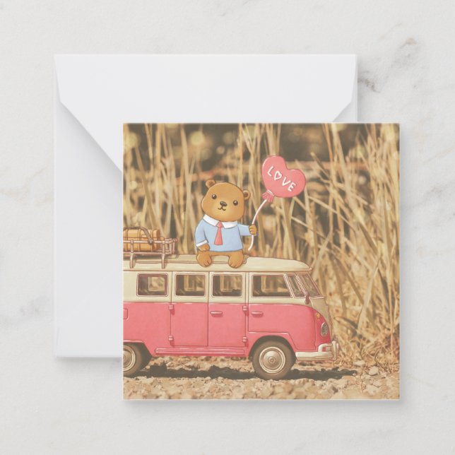 Cartão De Notas Dia dos Namorados: Ursinho e Carro Antigo Rosa (Frente)