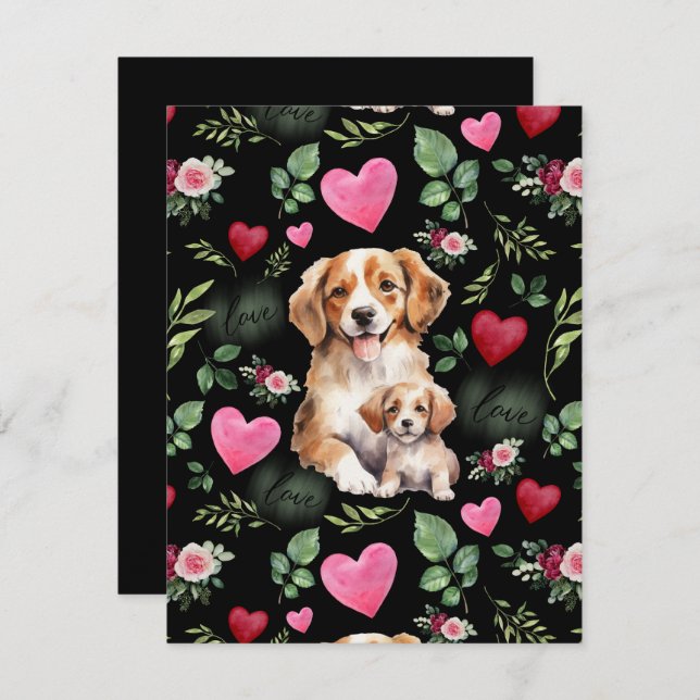 Cartão De Notas Dog Love Valentine’s Day Card in Black (Frente/Verso)