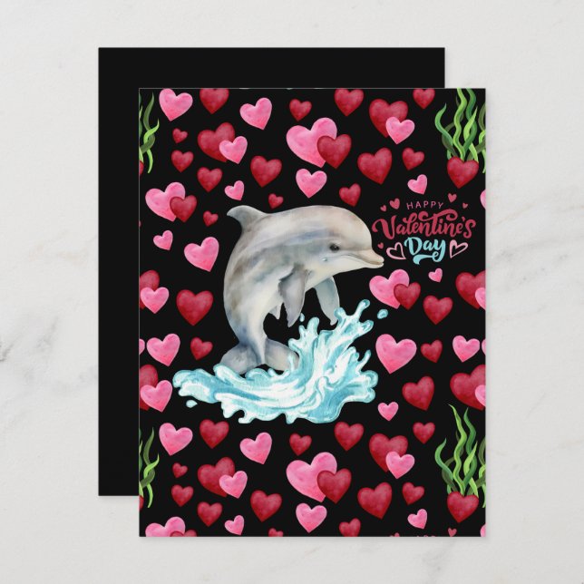 Cartão De Notas Dolphin Love Valentine’s Day Card in Black (Frente/Verso)