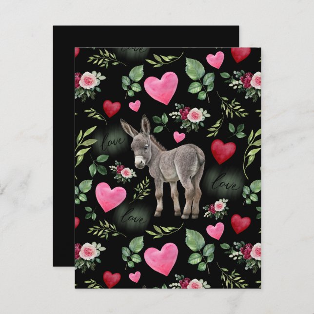 Cartão De Notas Donkey Love Valentine’s Day Card in Black (Frente/Verso)