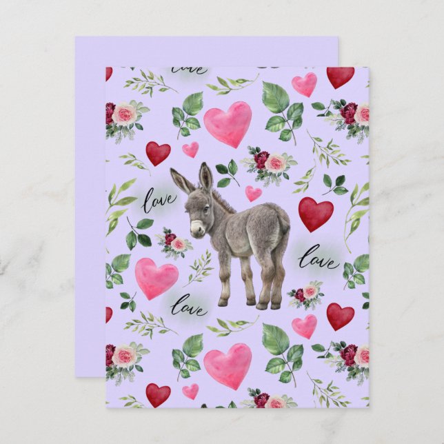 Cartão De Notas Donkey Love Valentine’s Day Card in Purple (Frente/Verso)
