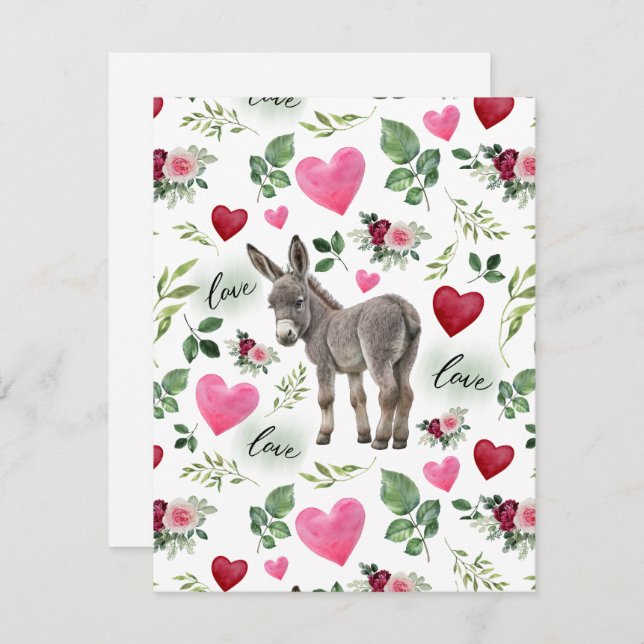 Cartão De Notas Donkey Love Valentine’s Day Card in White (Frente/Verso)