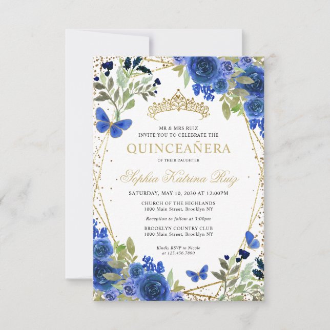 Cartão De Notas Dourado Floral Azul de Orçamento Tiara Quinceañera (Frente)