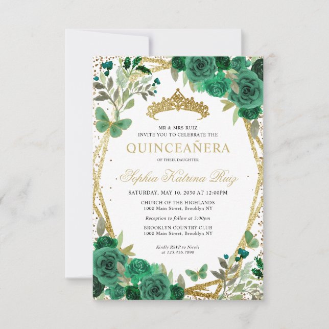 Cartão De Notas Dourado Verde Floral de Orçamento Tiara Quinceañer (Frente)