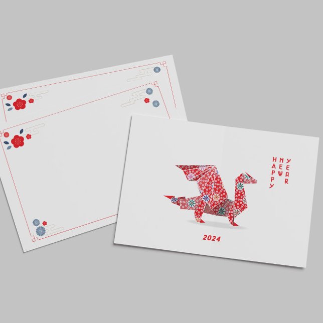 Cartão De Notas Dragão Vermelho Origami, 2024, Ano Novo Chinês (Criador carregado)