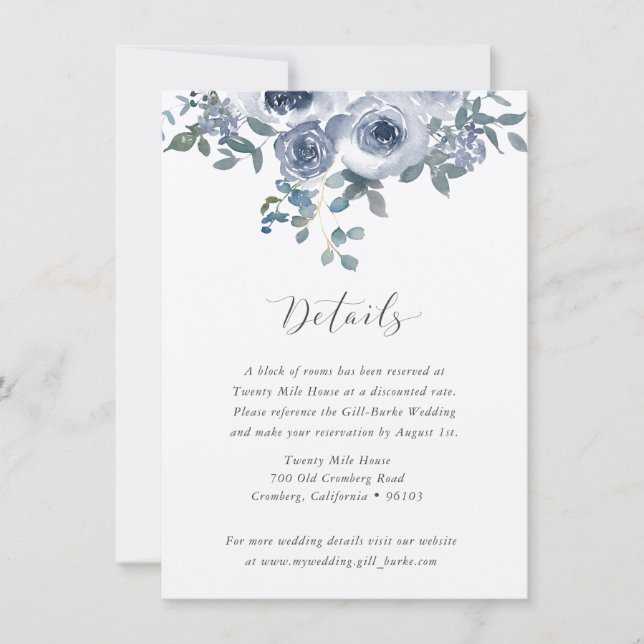 Cartão De Notas Dusty Blue Floral and Grey Wedding Details Card (Frente)
