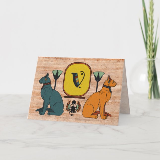 Cartão De Notas Egyptian Cat Cartouche Monogram Greeting Card: V (Frente)