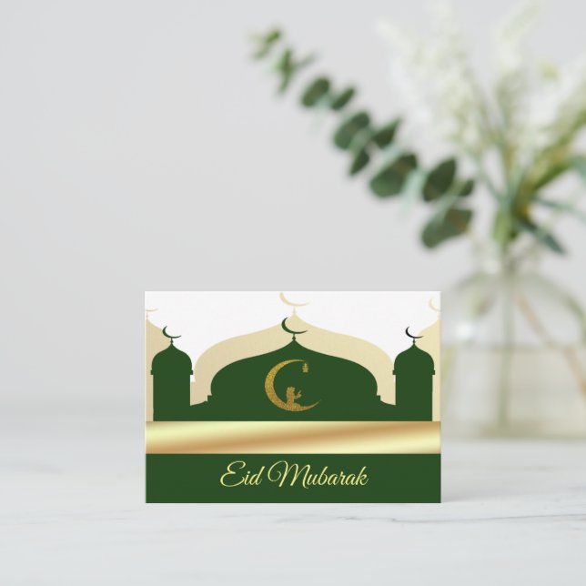 Cartão De Notas Eid Mubarak, A Mesquita Dourada E Verde (Em pé/Frente)