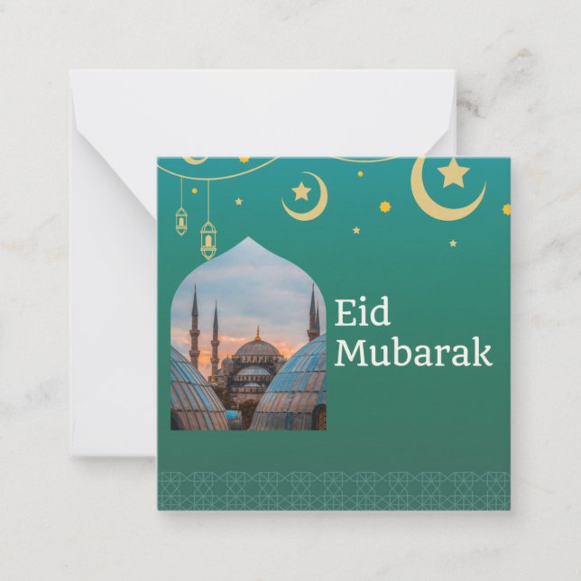 Cartão De Notas Eid Mubarak Verde e Azul com Texto Personalizável (Frente)