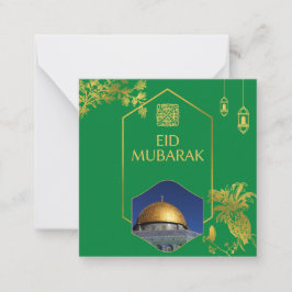 Cartão De Notas Eid Mubarak Verde e Dourado com texto personalizáv