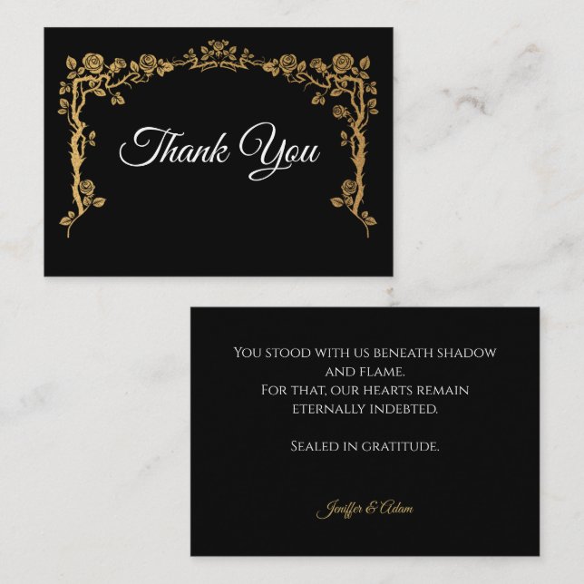 Cartão De Notas Elegant black and gold Gothic wedding Thank You (Frente/Verso)