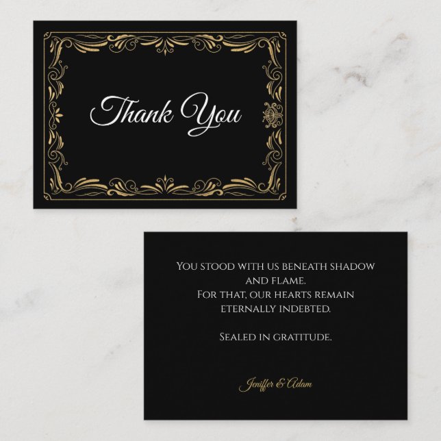 Cartão De Notas Elegant black and gold Gothic wedding Thank You (Frente/Verso)