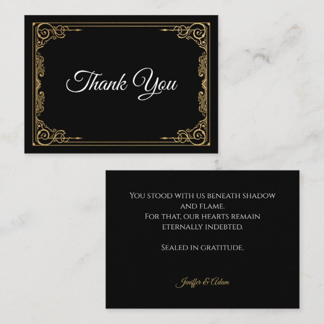 Cartão De Notas Elegant black and gold Gothic wedding Thank You (Frente/Verso)