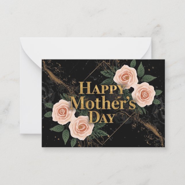 Cartão De Notas Elegant Black and Gold Mother’s Day Card with Rose (Frente)